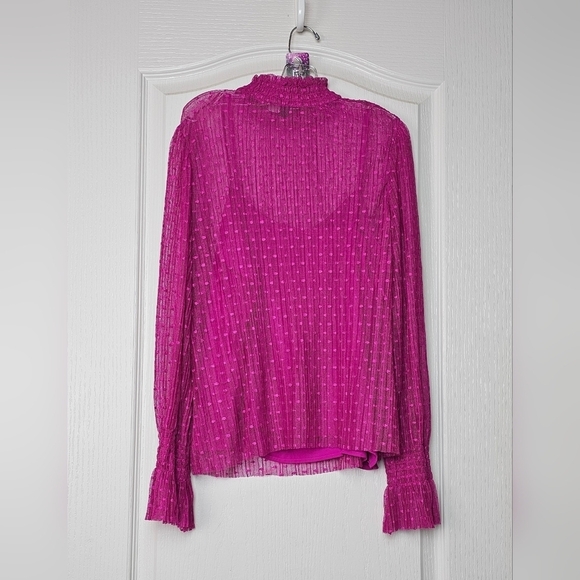 Express Womens Sheer Dot Mock Neck Smocked Cuff Top FUCHSIA XS - Picture 3 of 6